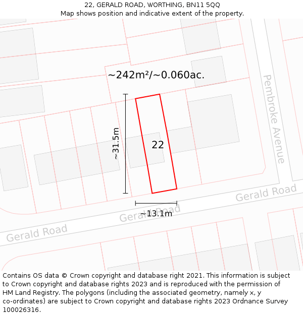 22, GERALD ROAD, WORTHING, BN11 5QQ: Plot and title map