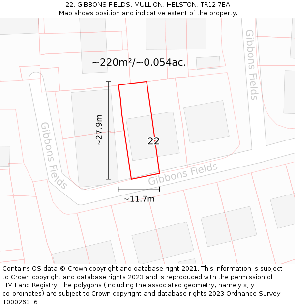 22, GIBBONS FIELDS, MULLION, HELSTON, TR12 7EA: Plot and title map