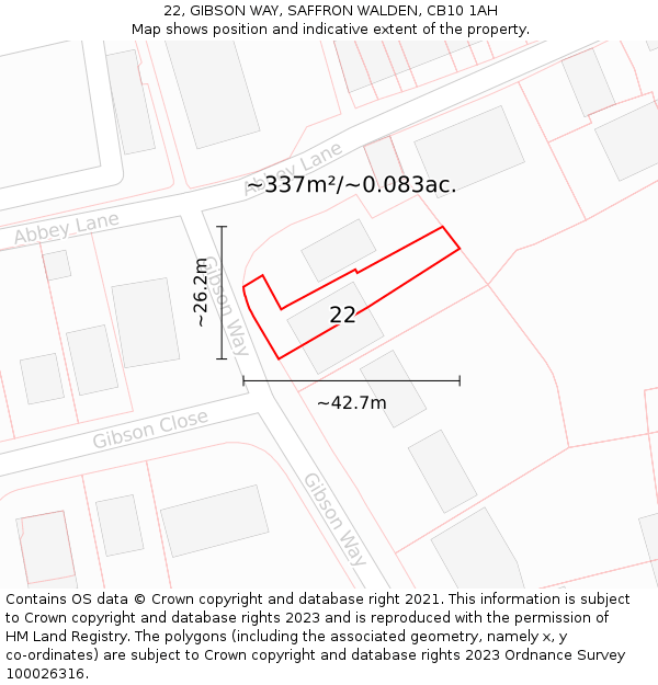 22, GIBSON WAY, SAFFRON WALDEN, CB10 1AH: Plot and title map