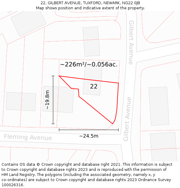 22, GILBERT AVENUE, TUXFORD, NEWARK, NG22 0JB: Plot and title map