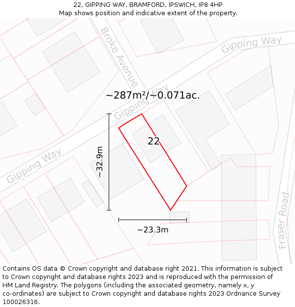22, GIPPING WAY, BRAMFORD, IPSWICH, IP8 4HP: Plot and title map