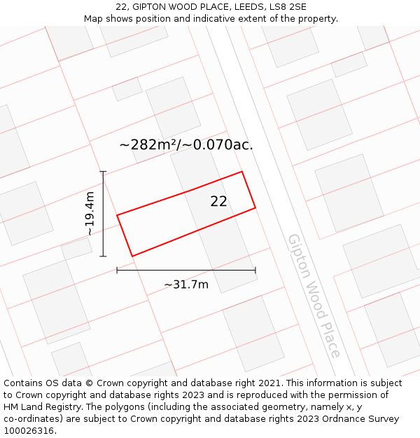 22, GIPTON WOOD PLACE, LEEDS, LS8 2SE: Plot and title map