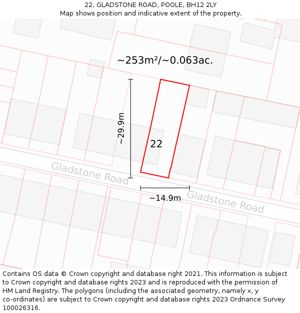 22, GLADSTONE ROAD, POOLE, BH12 2LY: Plot and title map