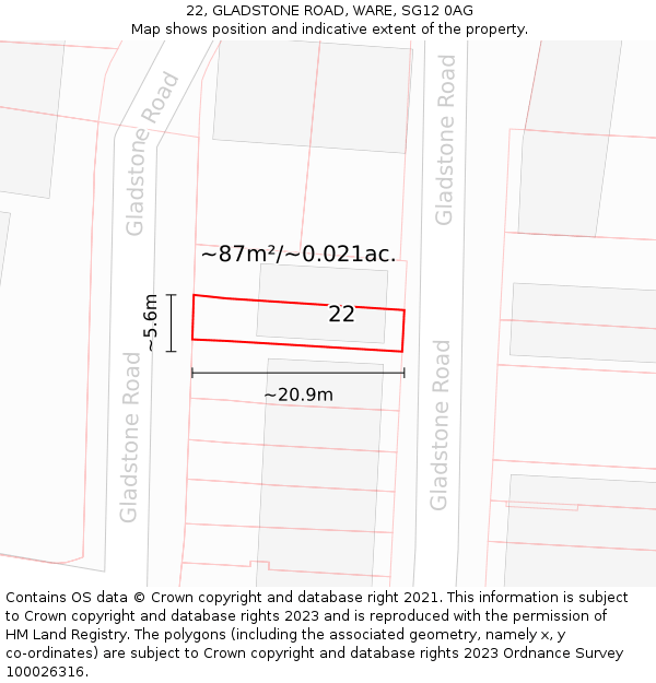 22, GLADSTONE ROAD, WARE, SG12 0AG: Plot and title map