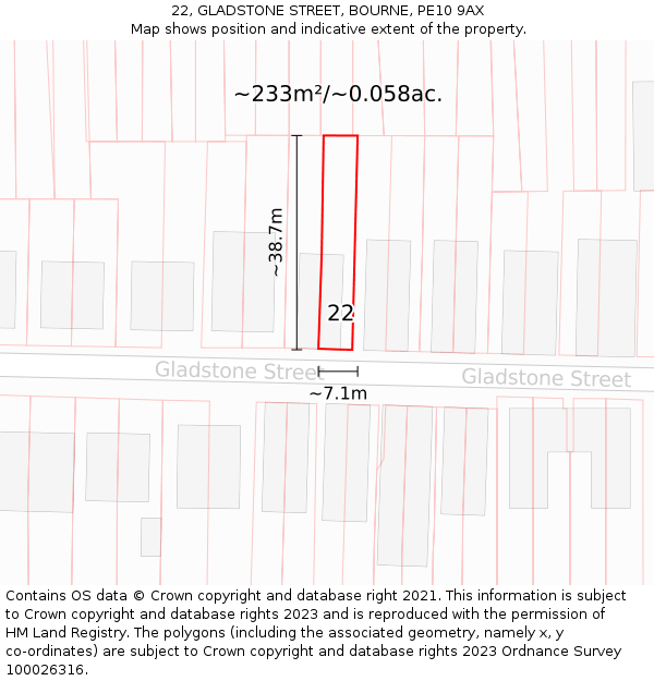 22, GLADSTONE STREET, BOURNE, PE10 9AX: Plot and title map