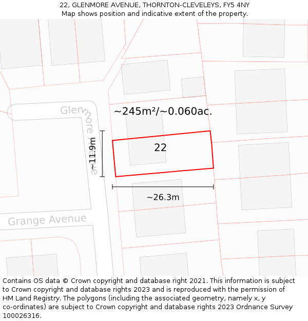 22, GLENMORE AVENUE, THORNTON-CLEVELEYS, FY5 4NY: Plot and title map