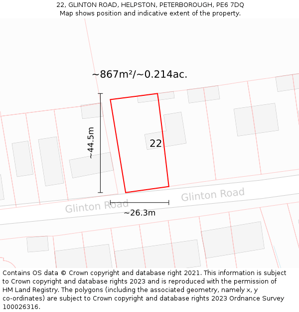22, GLINTON ROAD, HELPSTON, PETERBOROUGH, PE6 7DQ: Plot and title map