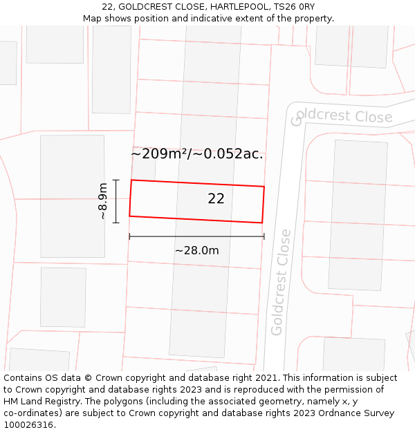 22, GOLDCREST CLOSE, HARTLEPOOL, TS26 0RY: Plot and title map
