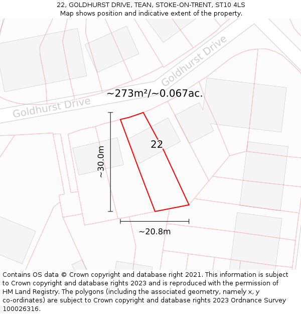 22, GOLDHURST DRIVE, TEAN, STOKE-ON-TRENT, ST10 4LS: Plot and title map