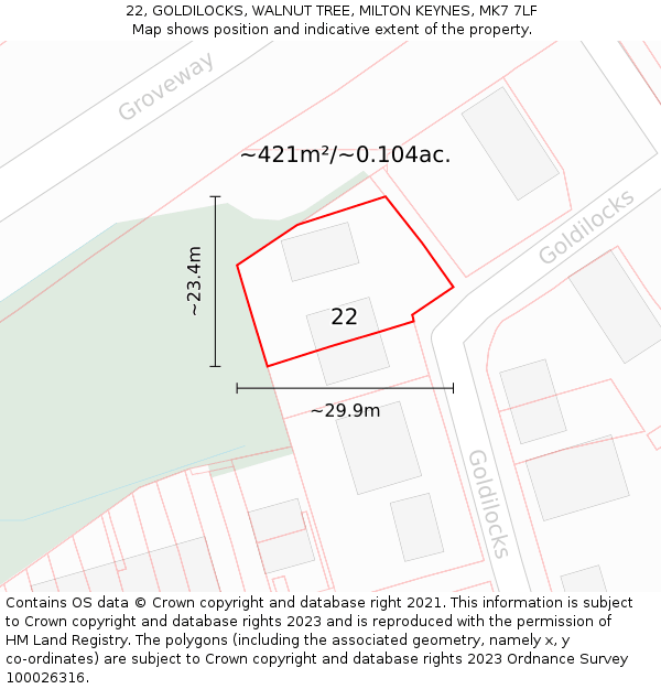 22, GOLDILOCKS, WALNUT TREE, MILTON KEYNES, MK7 7LF: Plot and title map