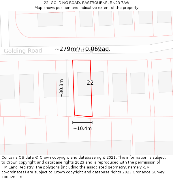 22, GOLDING ROAD, EASTBOURNE, BN23 7AW: Plot and title map