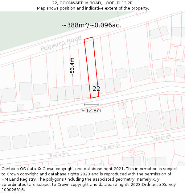 22, GOONWARTHA ROAD, LOOE, PL13 2PJ: Plot and title map