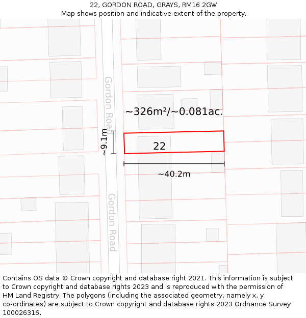 22, GORDON ROAD, GRAYS, RM16 2GW: Plot and title map