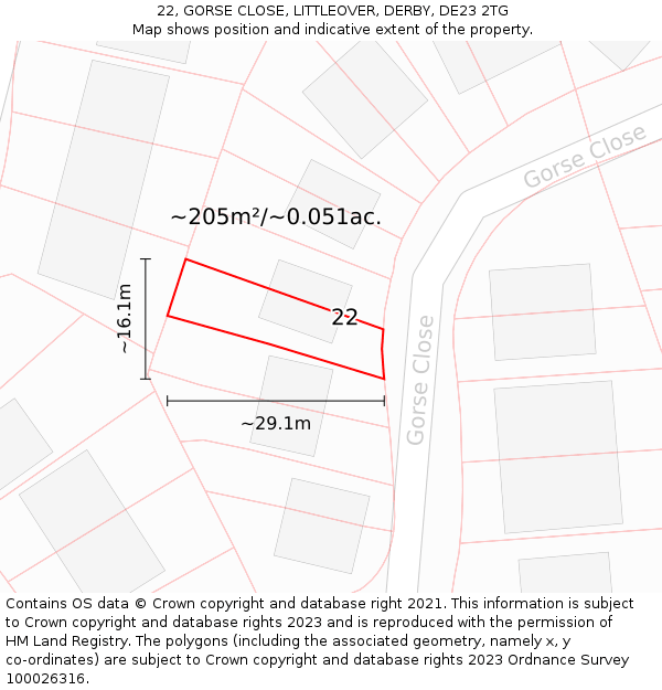 22, GORSE CLOSE, LITTLEOVER, DERBY, DE23 2TG: Plot and title map