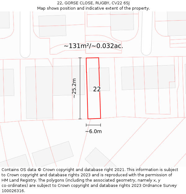 22, GORSE CLOSE, RUGBY, CV22 6SJ: Plot and title map