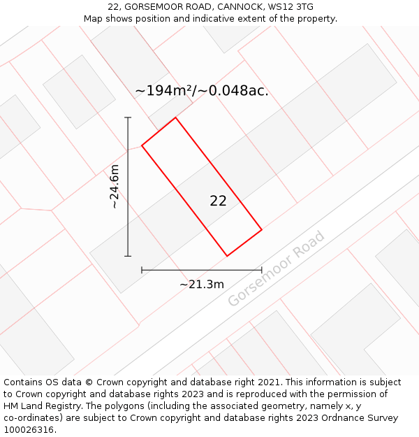 22, GORSEMOOR ROAD, CANNOCK, WS12 3TG: Plot and title map