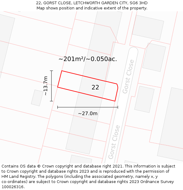 22, GORST CLOSE, LETCHWORTH GARDEN CITY, SG6 3HD: Plot and title map