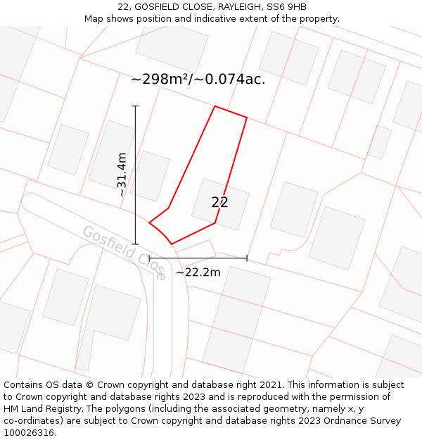 22, GOSFIELD CLOSE, RAYLEIGH, SS6 9HB: Plot and title map