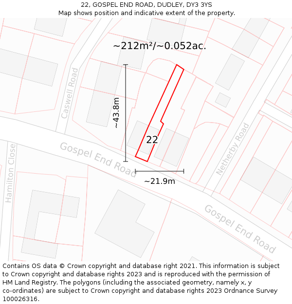 22, GOSPEL END ROAD, DUDLEY, DY3 3YS: Plot and title map