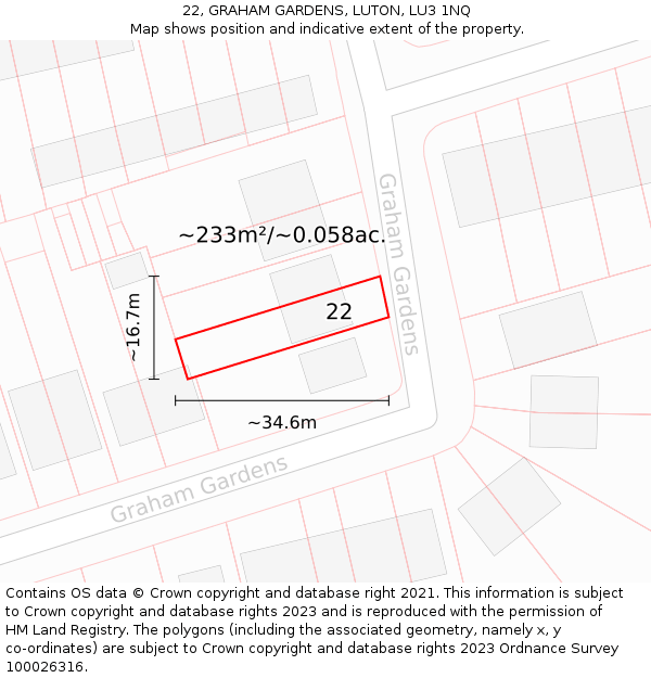 22, GRAHAM GARDENS, LUTON, LU3 1NQ: Plot and title map