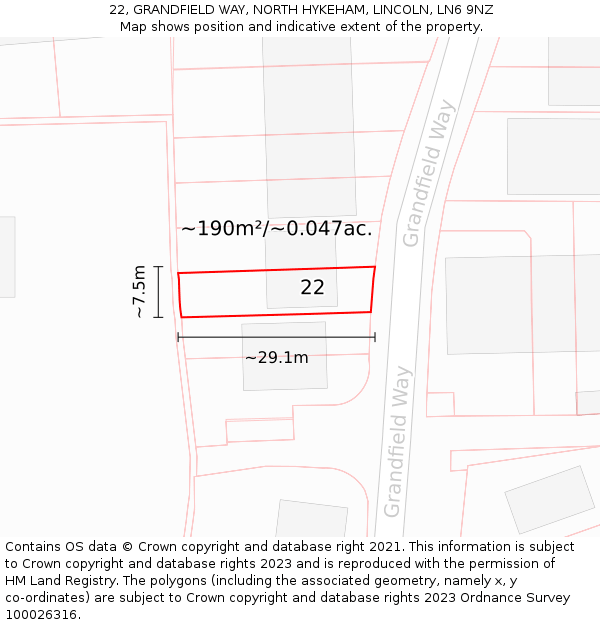 22, GRANDFIELD WAY, NORTH HYKEHAM, LINCOLN, LN6 9NZ: Plot and title map