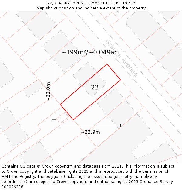 22, GRANGE AVENUE, MANSFIELD, NG18 5EY: Plot and title map