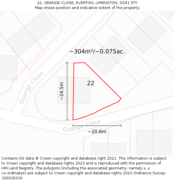 22, GRANGE CLOSE, EVERTON, LYMINGTON, SO41 0TY: Plot and title map
