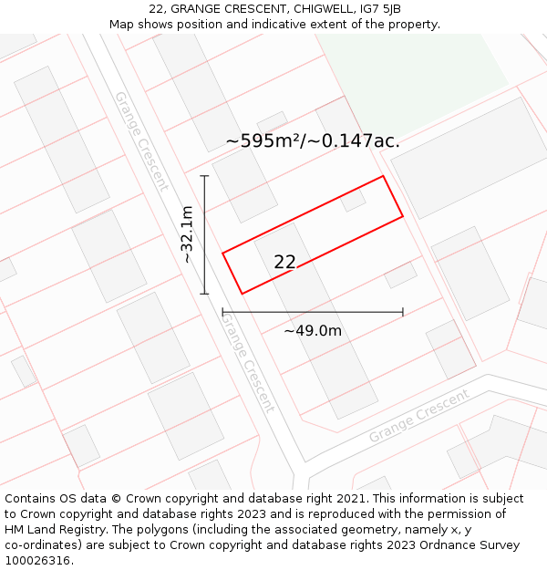 22, GRANGE CRESCENT, CHIGWELL, IG7 5JB: Plot and title map