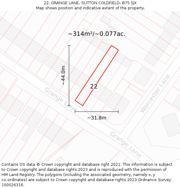 22, GRANGE LANE, SUTTON COLDFIELD, B75 5JX: Plot and title map