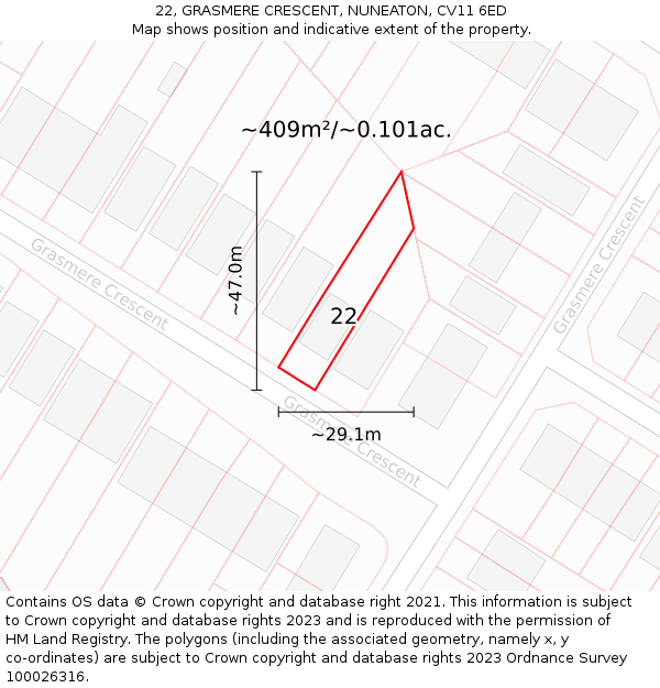 22, GRASMERE CRESCENT, NUNEATON, CV11 6ED: Plot and title map