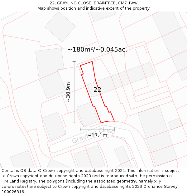 22, GRAYLING CLOSE, BRAINTREE, CM7 1WW: Plot and title map