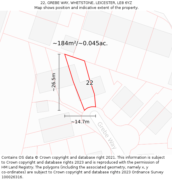 22, GREBE WAY, WHETSTONE, LEICESTER, LE8 6YZ: Plot and title map
