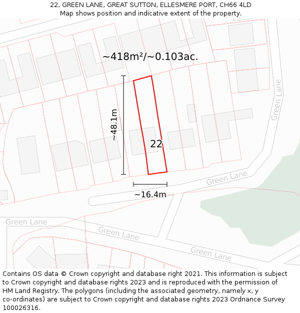 22, GREEN LANE, GREAT SUTTON, ELLESMERE PORT, CH66 4LD: Plot and title map