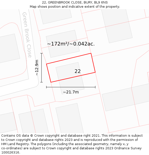 22, GREENBROOK CLOSE, BURY, BL9 6NS: Plot and title map
