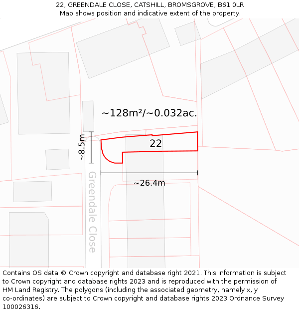 22, GREENDALE CLOSE, CATSHILL, BROMSGROVE, B61 0LR: Plot and title map