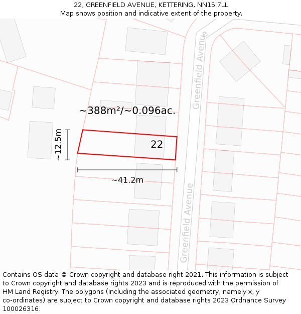 22, GREENFIELD AVENUE, KETTERING, NN15 7LL: Plot and title map