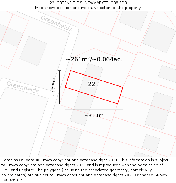 22, GREENFIELDS, NEWMARKET, CB8 8DR: Plot and title map
