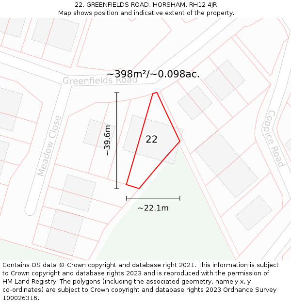 22, GREENFIELDS ROAD, HORSHAM, RH12 4JR: Plot and title map