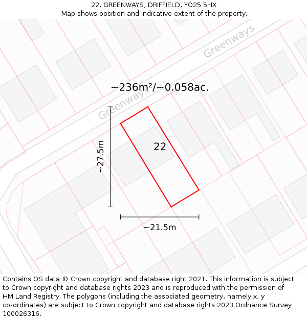 22, GREENWAYS, DRIFFIELD, YO25 5HX: Plot and title map