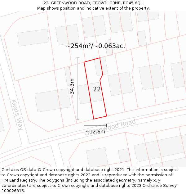 22, GREENWOOD ROAD, CROWTHORNE, RG45 6QU: Plot and title map