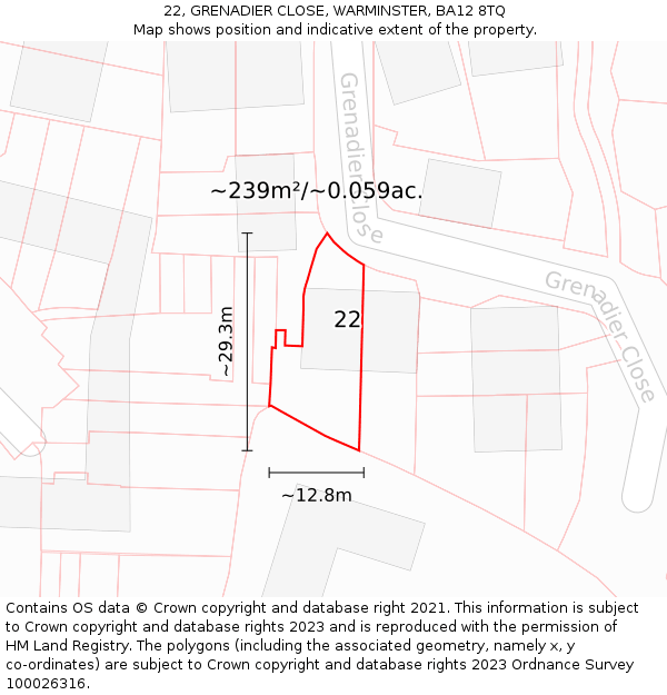 22, GRENADIER CLOSE, WARMINSTER, BA12 8TQ: Plot and title map
