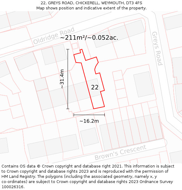 22, GREYS ROAD, CHICKERELL, WEYMOUTH, DT3 4FS: Plot and title map