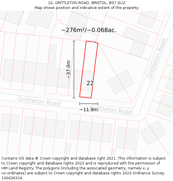 22, GRITTLETON ROAD, BRISTOL, BS7 0UZ: Plot and title map