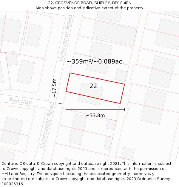 22, GROSVENOR ROAD, SHIPLEY, BD18 4RN: Plot and title map