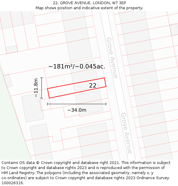 22, GROVE AVENUE, LONDON, W7 3EP: Plot and title map
