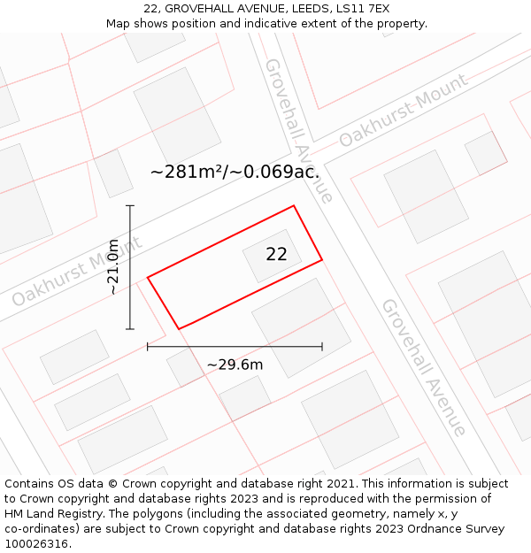 22, GROVEHALL AVENUE, LEEDS, LS11 7EX: Plot and title map