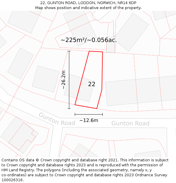 22, GUNTON ROAD, LODDON, NORWICH, NR14 6DP: Plot and title map