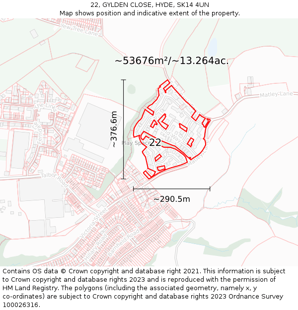 22, GYLDEN CLOSE, HYDE, SK14 4UN: Plot and title map