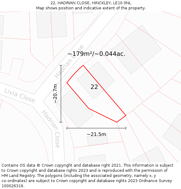 22, HADRIAN CLOSE, HINCKLEY, LE10 0NL: Plot and title map