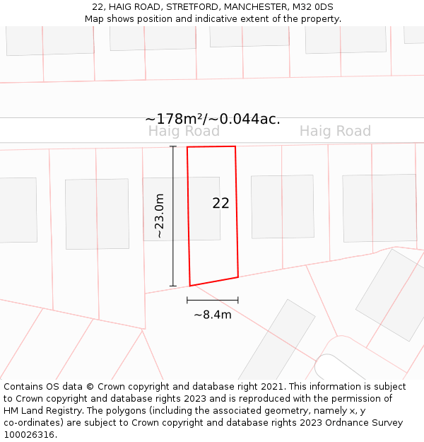 22, HAIG ROAD, STRETFORD, MANCHESTER, M32 0DS: Plot and title map